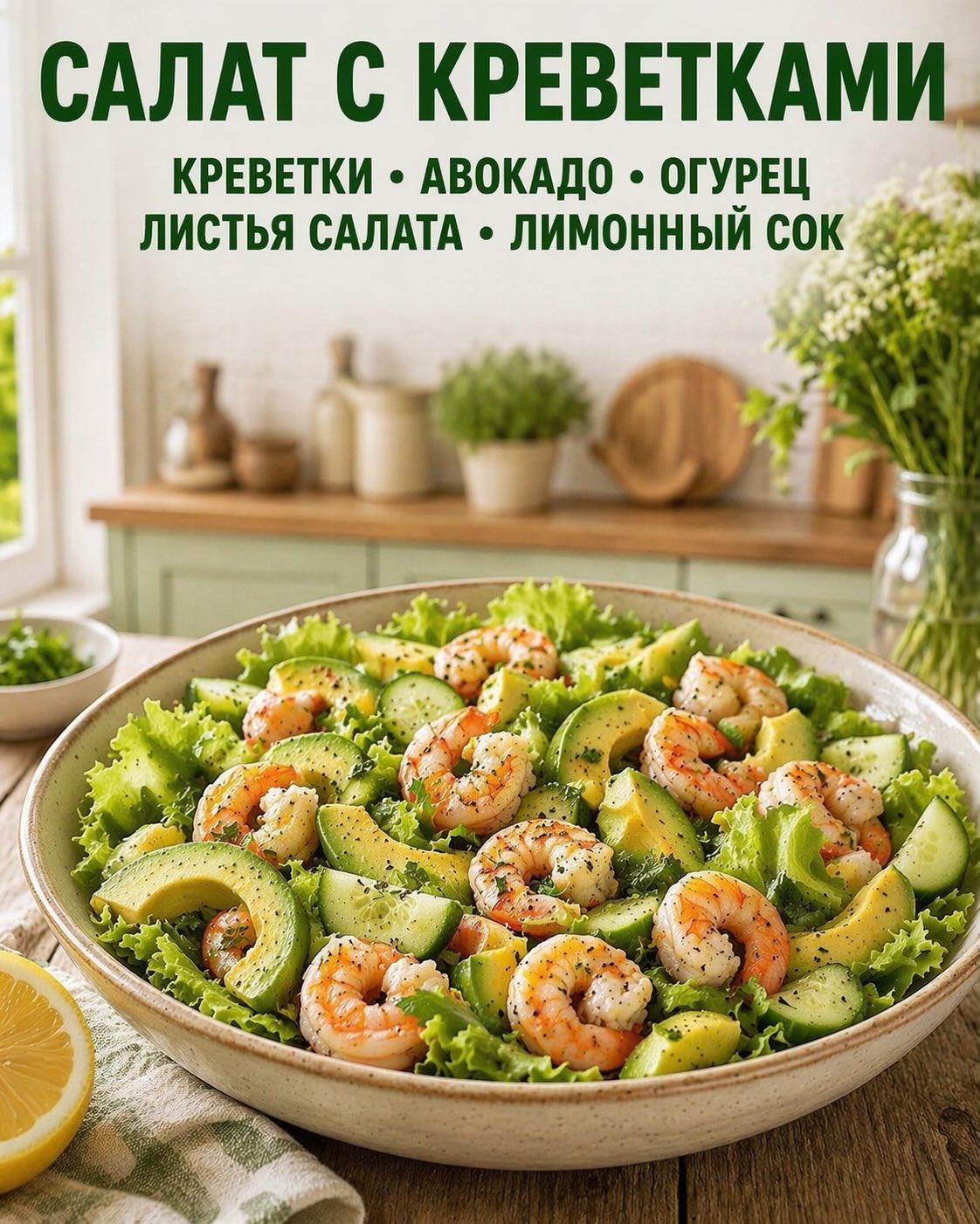 САЛАТ С КРЕВЕТКАМИ(КРЕВЕТКИ,АВОКАДО,ОГУРЕЦ,ЛИСТЬЯ САЛАТА,ЛИМОННЫЙ СОК)
