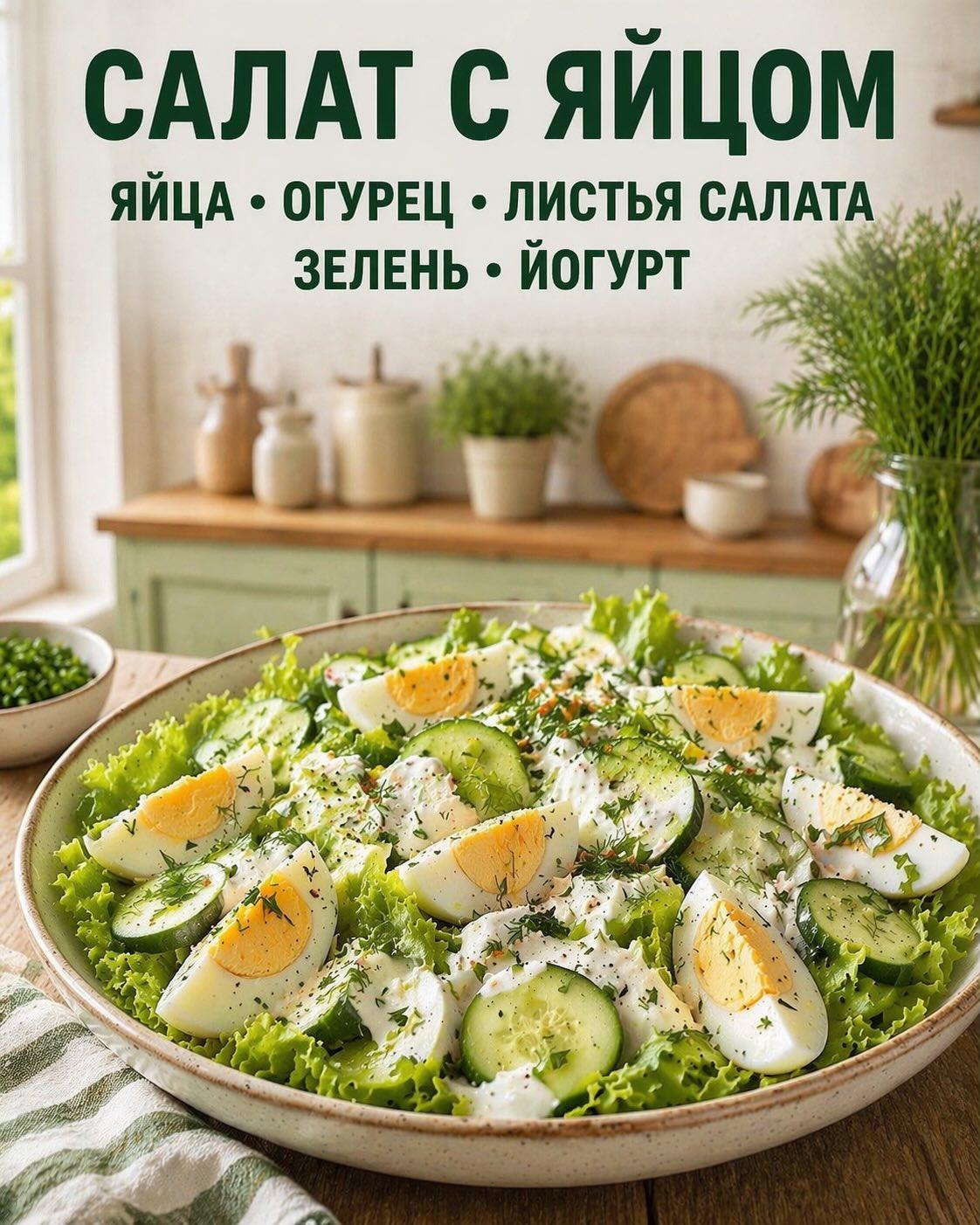 САЛАТ С ЯЙЦОМ  ЯЙЦА  ОГУРЕЦ ЛИСТЬЯ САЛАТА  ЗЕЛЕНЬ  ЙОГУРТ