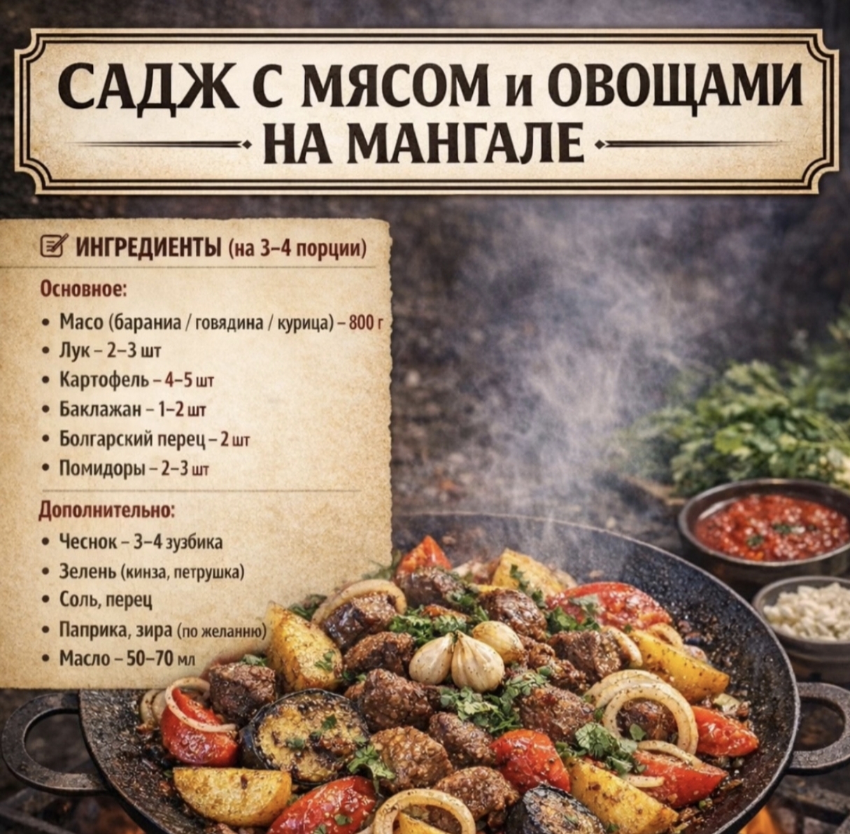 Садж с мясом. Ингредиенты: Мясо, картофель, баклажан, перец, лук, специи