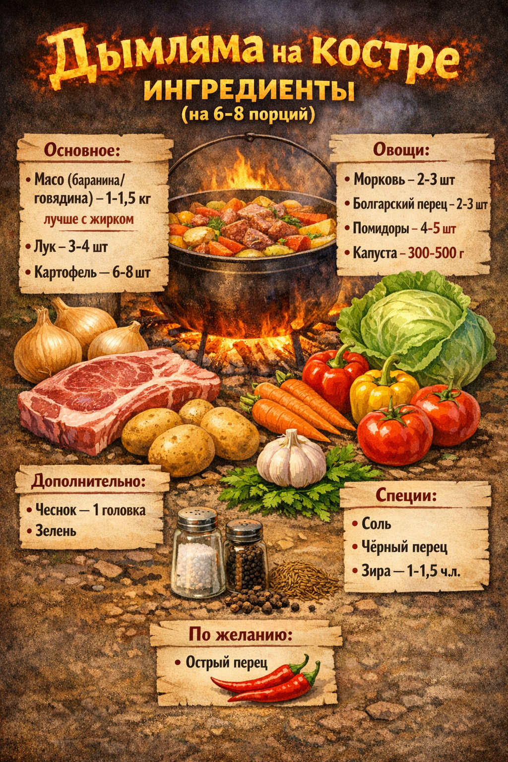 Дымляма. Ингредиенты: Мясо, картофель, капуста, овощи, специи