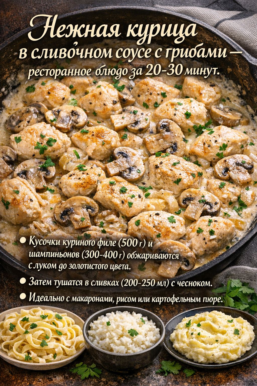 Нежная курица в сливочном соусе с грибами