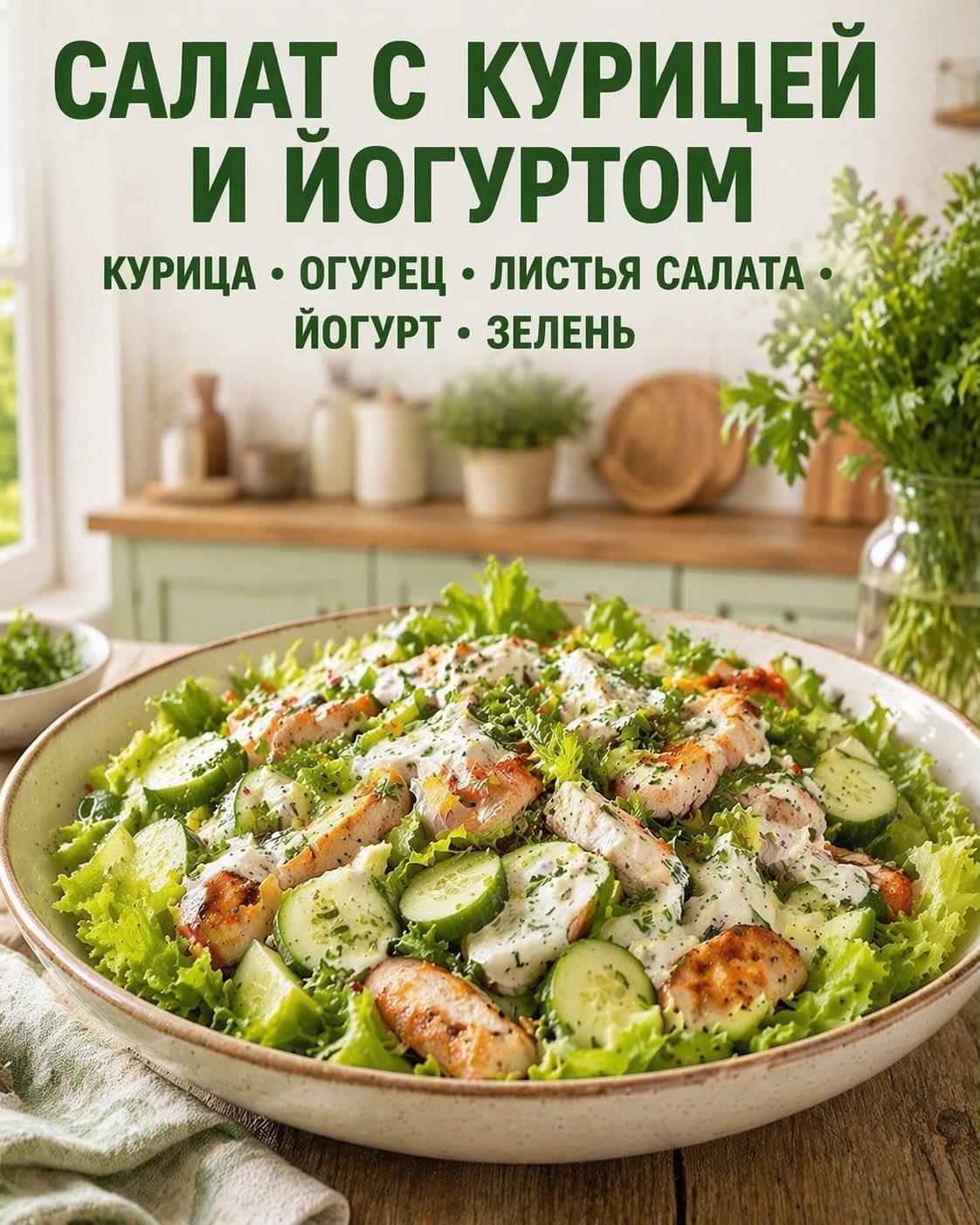 САЛАТ С КУРИЦЕЙ И ЙОГУРТОМ ( КУРИЦА,ОГУРЕЦ,ЛИСТЬЯ САЛАТА,ЙОГУРТ,ЗЕЛЕНЬ.